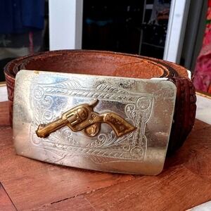 Tex Tan VTGE Western SZ42 Brown Tooled Leather Nickel Silver Revolver 1407L Belt